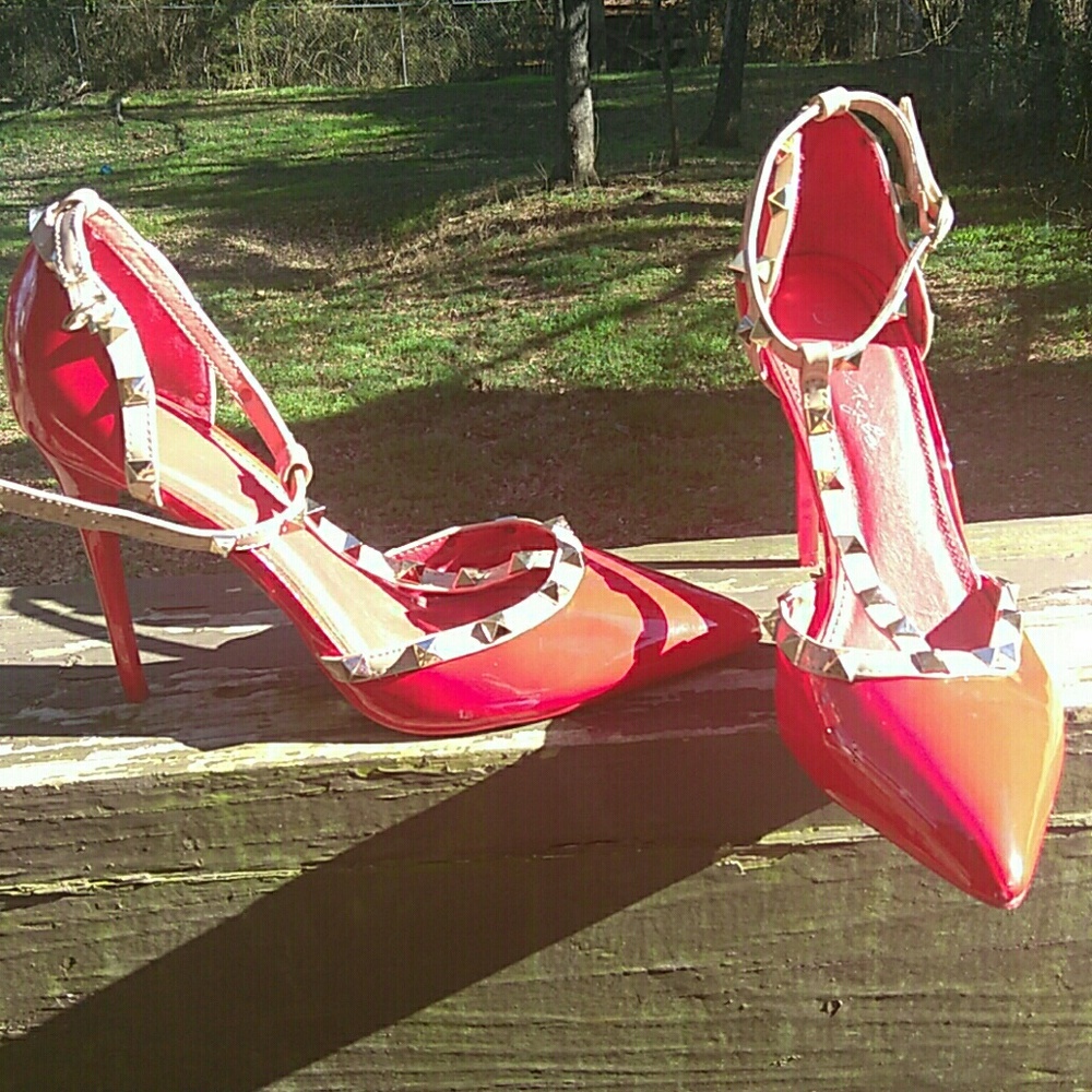 Red and Cream studded pumps